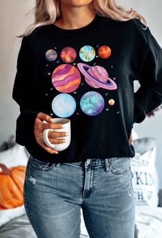 Solar System, Space Shirt, Teacher Shirt, Watercolor Planets, Science Teacher Space Christmas, Teacher Aesthetic, Space Shirts, Teacher Outfit, Teacher Tees, Christmas Shirt, Solar System, Teacher Shirts, Sweat Shirt