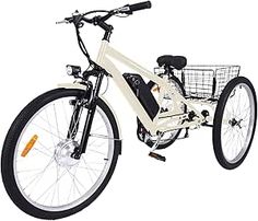 a white bicycle with a basket attached to the front wheel and two wheels on the back