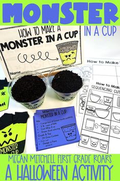 a monster cup with dirt inside and instructions for making it in a cup on the table