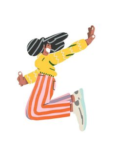 an illustration of a woman in striped pants and a yellow sweater is flying through the air