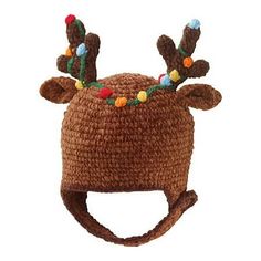 a crocheted hat with moose antlers and christmas lights on it's ears