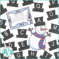 a snowman is surrounded by black and white letters