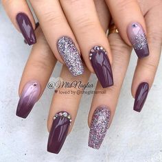 Cuffin Nails, Purple And Silver Nails, Elegant Nail Art, Purple Nail Designs, Winter Nails Acrylic, Purple Nail, Purple And Silver, Nail Art Wedding, Silver Nails