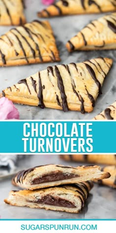 chocolate turnovers on a baking sheet with text overlay