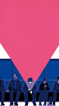 a group of people sitting next to each other in front of a large pink triangle