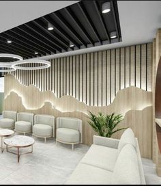 an office lobby with modern furniture and wood paneling on the walls, along with round tables and chairs