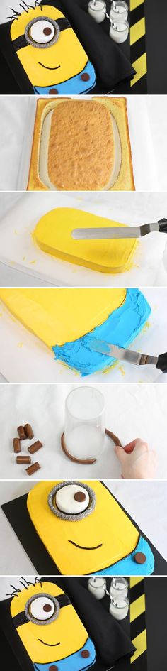 three different views of the same cake being made with fondant and other items that have been cut out