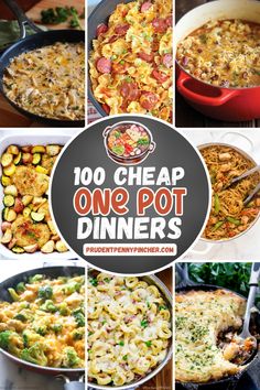 a collage of photos showing different types of food in one pot and the words, 100 cheap one pot dinners