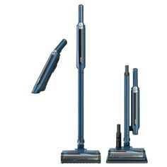 two vacuums are shown side by side, one is blue and the other is black