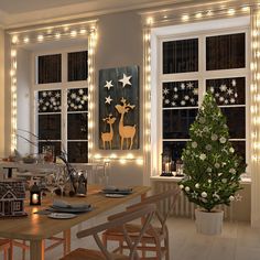 a dining room with christmas decorations and lights on the windows