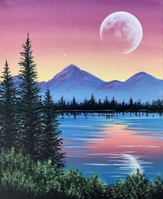 a painting of a mountain lake with trees in the foreground and a full moon above it