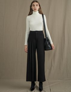 Side Pleated Pants Style A Black Turtleneck, Madam Malkins, Asymmetric Pants, Ivory Turtleneck, White Pant, Turtleneck Outfit, Pocket Vest, Minimal Look, Travel Plan