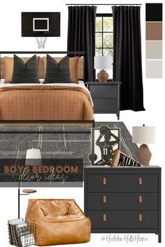 a bedroom is shown with brown and black accents