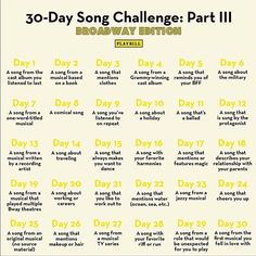 the 30 - day song challenge is shown in yellow and black with words on it