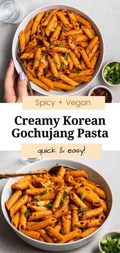 creamy korean gochujung pasta in a white bowl with the title above it