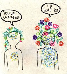 two people with flowers in their heads and one has a thought bubble