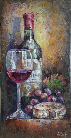 a painting of a wine glass and bottle on a table