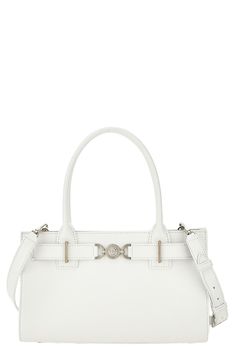 A gleaming Medusa medallion anchors the belted topline of this elongated tote equipped with carry handles and a removable strap. Magnetic-snap closure Top carry handles; removable strap Interior wall pockets Leather Made in Italy Designer Handbags Elegant White Satchel For Everyday Luxury, Timeless White Bags With Metal Hardware, Timeless White Bag With Metal Hardware, Elegant Satchel With Silver-tone Hardware, Elegant Satchel With Silver-tone Hardware And Double Handle, White Satchel With Silver-tone Hardware For Formal Occasions, Luxury White Satchel With Silver-tone Hardware, White Formal Satchel With Silver-tone Hardware, Classic Silver Bags With Gold-tone Hardware