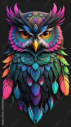 an owl with colorful feathers on it's head and eyes, painted in bright colors