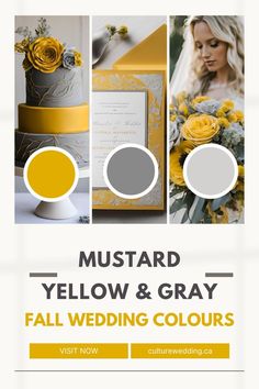 a yellow and gray wedding color scheme with the words mustardd, yellow & gray