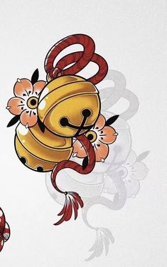 a drawing of a bell and snake on a white background with red, black, and yellow flowers