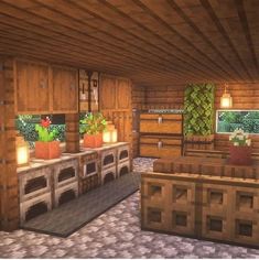 an image of a living room in the minecraft style with plants and couches