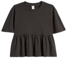 Fall Cotton T-shirt With Ruffles, Trendy Cotton Top With Ruffle Hem, Cotton Peplum Tops, Cotton Crew Neck Top With Ruffle Hem, Casual Cotton Peplum Top, Fall Short Sleeve Top With Ruffle Hem, Black Casual Peplum Top, Casual Black Peplum Top, Black Raven