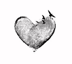 a fingerprint in the shape of a heart with two birds flying over it and one bird on top