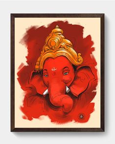 an elephant with a golden headdress on it's face is framed in wood