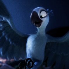 an animated bird with its wings spread out and eyes wide open in the night sky