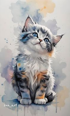 a painting of a cat with blue eyes