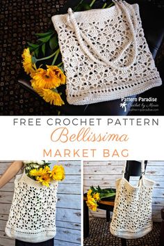 a crocheted bag with sunflowers in it and the words free crochet pattern for summer breeze market bag