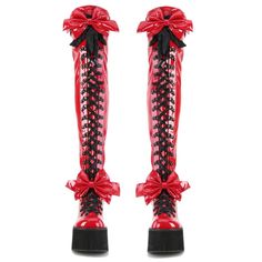 4 1/2" (114mm) Wedge Platform D-Ring Lace-Up Thigh High Boots Featuring Adjustable Straps & Removeable Oversize Bow At Ankle & Thigh Full Length Inner Side Zip Closure Stretch Red Patent Finish Cushioned Foot-Bed Us Woman's Sizes Trad Goth Outfits, Boots Goth, Red Goth, Demonia Shoes, How To Stretch Shoes, Thigh Boots, Concept Clothing, Black Platform Boots, Red Boots