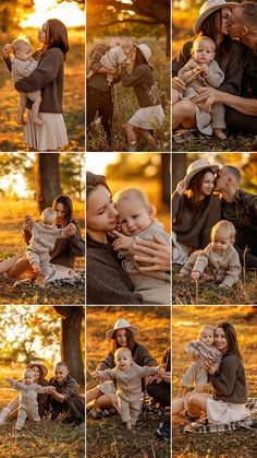 a collage of photos showing people and their babies in the park at sunset or dawn