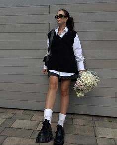 Street Wear Chic Outfits, Mini Dress With Shirt Underneath, Black And White Chic Outfit, Modern Academia Fashion, Short Sleeve Sweater Vest Outfit, Oversized Black Vest Outfit, How To Style Loafers Women Street Styles, Summer In Tokyo Outfit, Oversized Vest Outfit Street Style