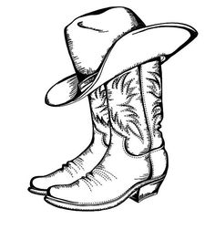 a cowboy hat and boots are shown in black and white, on a white background