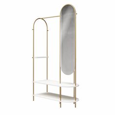 a white shelf with a mirror on it next to a gold metal rack and shelving unit