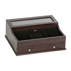 an open wooden box with two compartments on the bottom and one drawer at the top