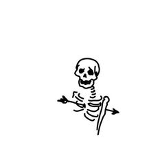 a black and white drawing of a skeleton with an arrow in it's hand