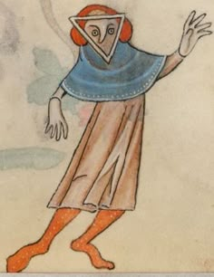 a drawing of a person with an orange head and blue shirt, holding his arms out