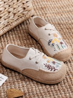 Upgrade your casual footwear collection this spring with these embroidered garden theme boat shoes boasting a retro aesthetic. These loafer bring lively style to your casual strides. Slip-on Canvas linen upper Man-made lining Natural straw mat breathable insole Rubber sole Embroidered Garden, Cactus Rose, Shoe Designs, Slip On Espadrilles, Casual Footwear, Embroidered Linen, Light Weight Shoes, Womens Mid Calf Boots, Beige Shoes