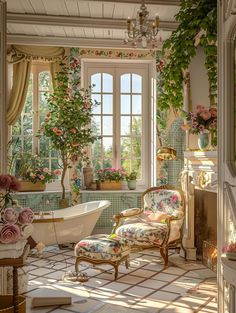 a bathroom with a tub, chair and potted plants