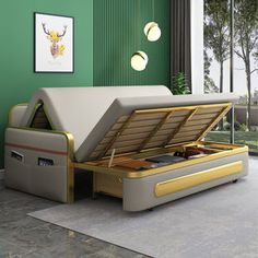 a bed that is sitting in the middle of a room with green walls and flooring