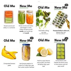 an image of old me and new me in mason jars with lemons, celery, cucumber, bananas, lime