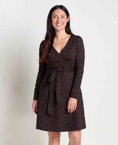 Dress up or down, no comfort sacrificed. A faux wrap is cute as can be but will stay secure, and a self-tie adds a bonus dose of pizzazz. Long Sleeve Dress Black, Tencel Dress, Wrap Dress Long Sleeve, Ls Dress, Travel Dress, Black Long Sleeve Dress, Black Dots, Faux Wrap Dress, Fall 2024