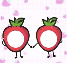 two cartoon strawberries holding hands with hearts in the background and one has a blank space for text