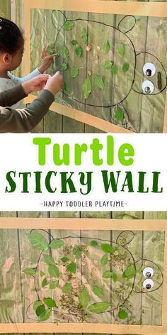 a young boy is playing with a turtle sticky wall