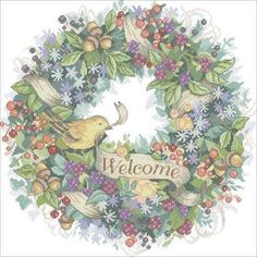 a cross stitch wreath with the words welcome on it and birds sitting in front of it