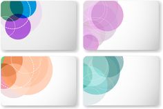 four square business cards with colorful circles on them, all in different colors and shapes