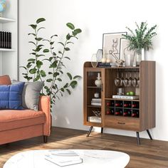 a living room with a couch, coffee table and wine rack in it's corner